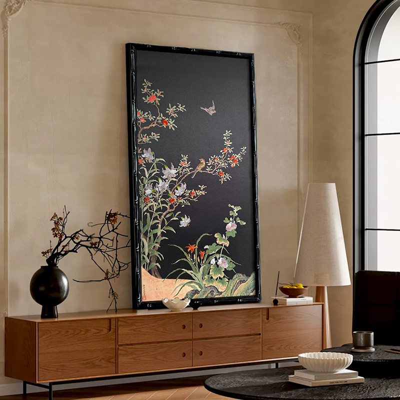 非遗苏绣挂画《花鸟栖闲图》中古风装饰画客餐厅玄关走廊刺绣壁画图片