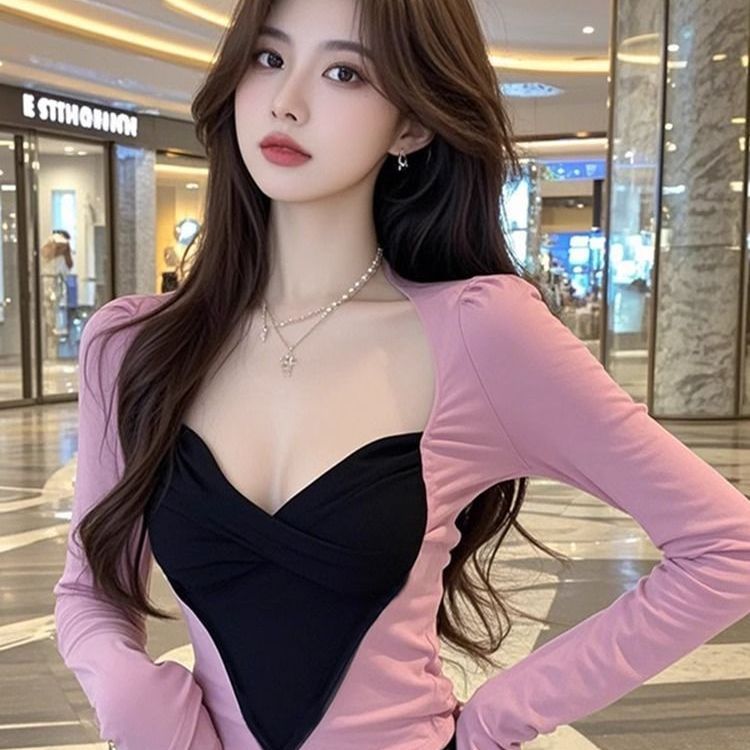 长袖T恤女别致甜辣妹爱心v领打底衫设计感小众修身短款绝美上衣