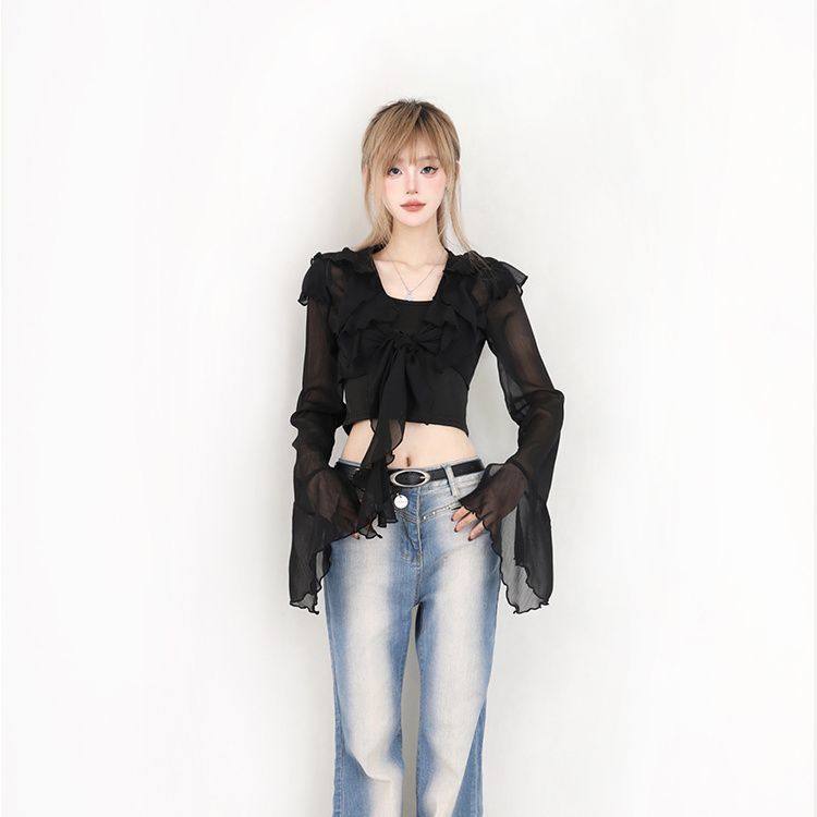 防晒罩衫女法式纯欲辣妹气质喇叭袖露脐修身微透网纱长袖纯色上衣,女装/女士精品,T恤,淘宝优惠券,粉丝福利购,淘宝优惠卷