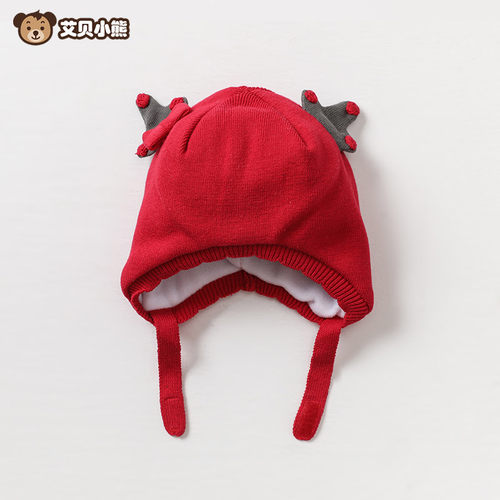 艾贝小熊婴儿麋鹿加绒护耳圣诞红色套头童帽宝宝冬款针织保暖帽