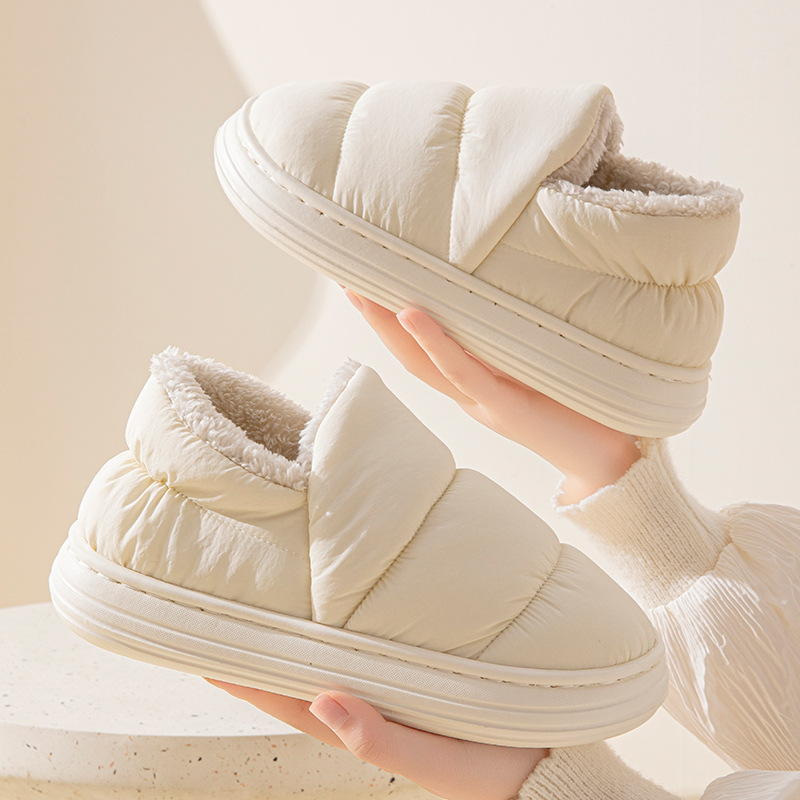 防水棉拖鞋男款冬季静音加绒保暖厚底包跟防臭羽绒布棉拖鞋女冬季