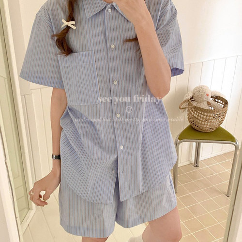 韩系ins风条纹纯棉家居服女睡衣