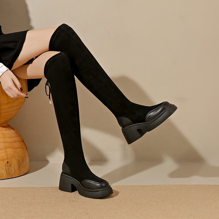 奈媤过膝长靴子女长筒靴2024秋冬新款显瘦厚底骑士靴弹力瘦瘦靴