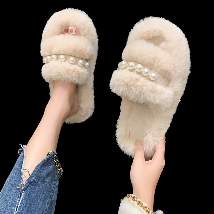 ins潮款女士毛毛拖鞋居家外穿2024新款春秋时尚串珠厚底一字棉拖