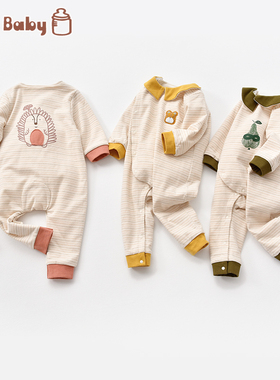 婴儿连体衣双层纯棉春秋装外出爬服斜襟连身衣男女宝宝秋冬哈衣