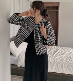 小香风外套女春秋短款气质羊毛呢2024法式精致蓝色加厚粗花呢上衣