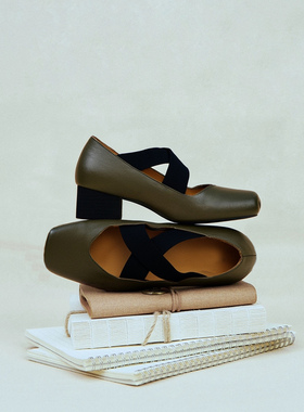 Ls' rommors 原创 柏树绿色水洗马皮时尚芭蕾舞单鞋女猪鼻交叉带