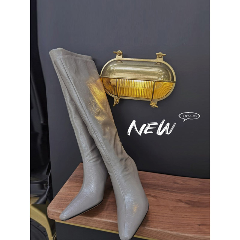 le queen高筒长靴不过膝甩纹牛皮尖头细高跟气质长筒靴大象灰色