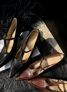 Le'Queen水洗马皮 细跟单鞋女春秋新款复古法式玛丽珍高跟鞋T型扣