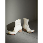 原创 rommors 真皮底水洗马皮褶皱方头短靴女粗跟后拉链单靴