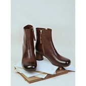 rommors高級 真皮底粗高跟短靴女圆头植鞣水洗马皮靴子女棕色