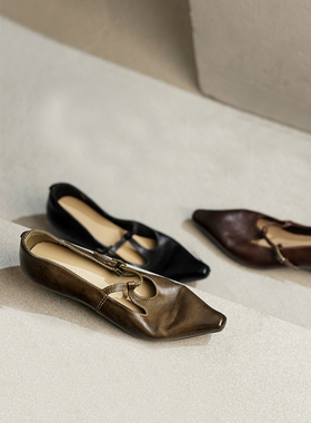 Le' Queen「高奢真皮底」水洗马皮T型扣带单鞋锥形跟丁字玛丽珍鞋