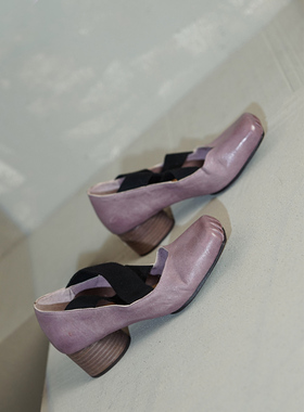 Le' Queen原创新色 香芋紫时尚芭蕾鞋中跟交叉带猪鼻单鞋马皮灰色