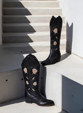 Le'Queen 意大利水洗马皮玫瑰花刺绣高筒西部靴女绣花长筒牛仔靴