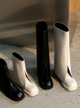 Le' Queen小众时髦洋气直筒长靴牛皮高筒骑士靴一脚蹬厚底裤管靴