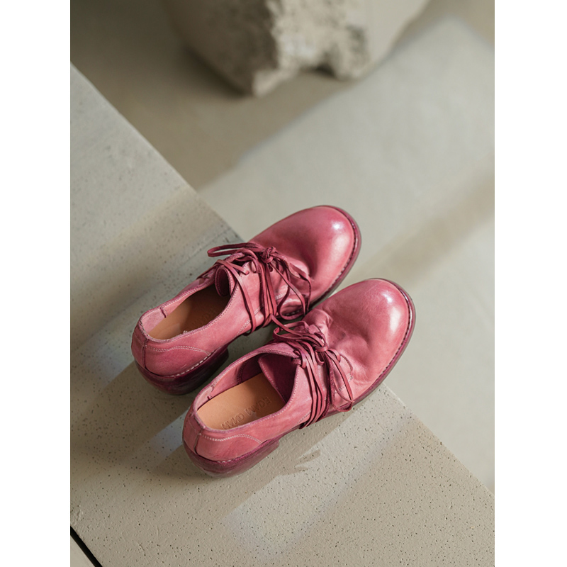 女士皮鞋水洗马皮系带圆头德比鞋