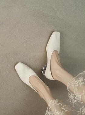 Le' Queen法式简约 植鞣水洗马皮水晶跟方头单鞋女奶奶鞋通勤中跟