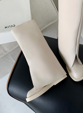 Le' Queen7CM内增高长筒裤管靴女白色牛皮中筒骑士靴时髦平跟长靴