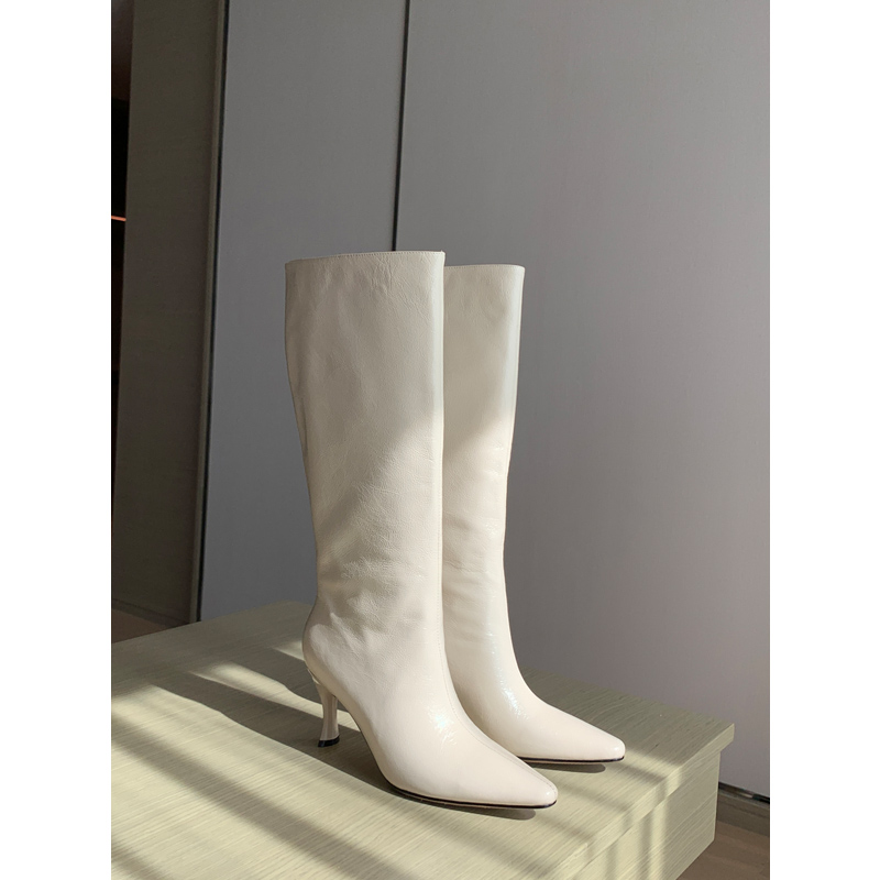 气质摔纹胎牛皮高跟奶油白长靴