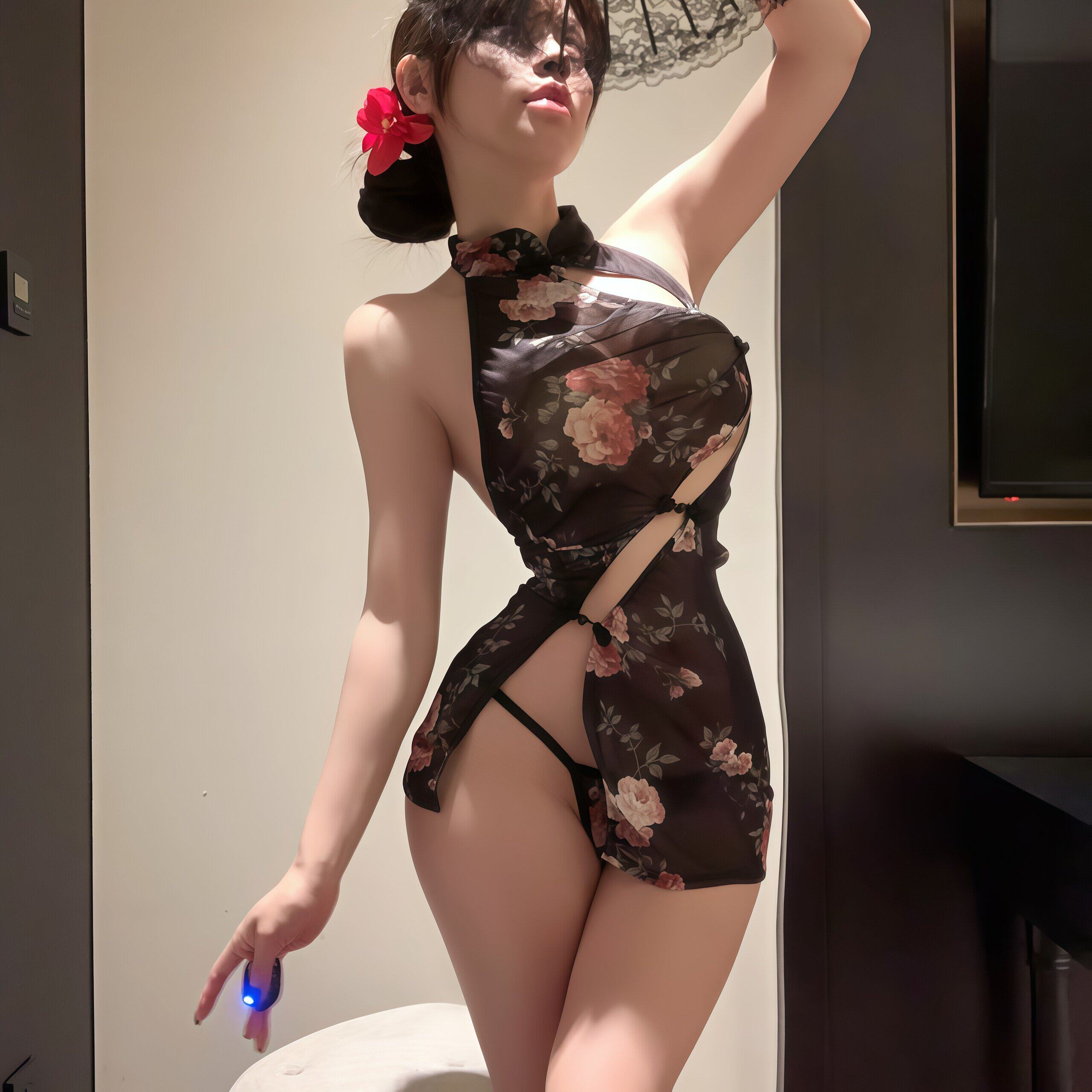 情调趣味内衣纯欲风透视复古印花旗袍高开叉套装诱惑免脱qqny制服