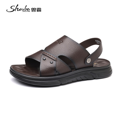 兽霸男士真皮露趾防滑软底凉鞋