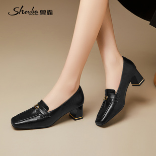 兽霸女鞋法式粗跟简约工作鞋方头乐福鞋通勤单鞋黑色金属扣一脚蹬