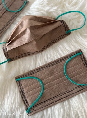 纯木咖啡卡其色口罩大地拼绿色绳棕色褐色雾面一次性成人三层防护