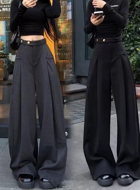 美式炸街加绒加厚毛呢西装裤女2025秋冬时尚高腰显瘦阔腿裤休闲裤