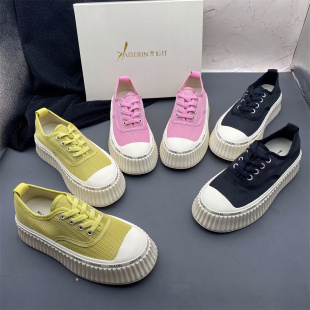 处理休闲女鞋 断码 舒适百搭小香风厚底饼干底橡胶板鞋 系带透气新款