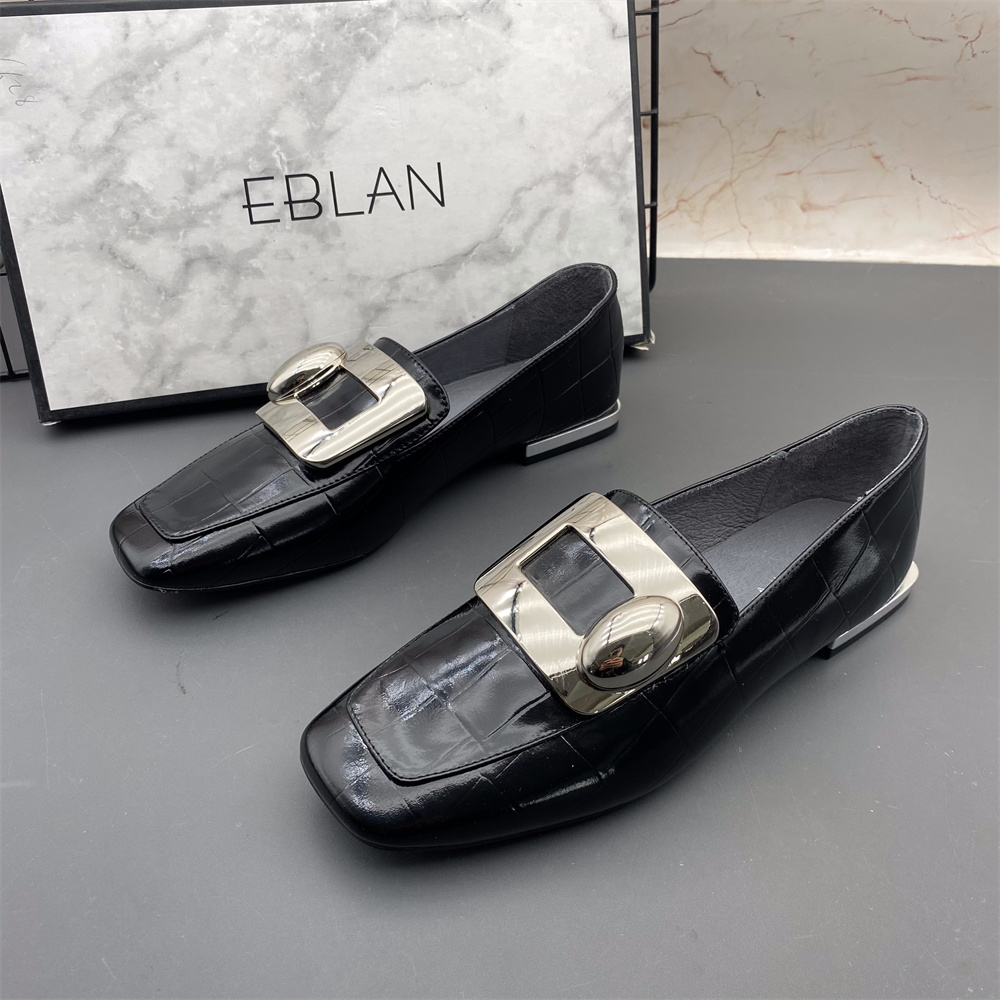 EBLAN/伊伴撤柜断码处理牛皮女鞋方头中口平底防滑时尚气质单鞋