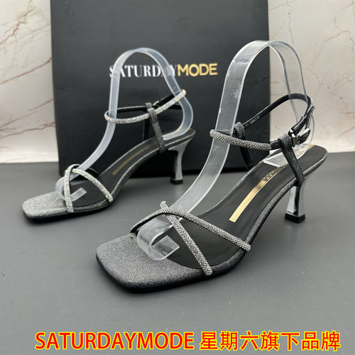 正品SATURDAYMODE断码撤柜处理女鞋细跟高跟水钻扣带中空露趾凉鞋
