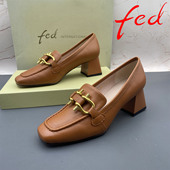 正品 fed 艾芙伊迪撤柜牛皮处理女鞋 34码 方尖头中口粗跟中跟单鞋