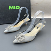 细跟中跟水钻扣带尖头包头扣带后空凉鞋 MIO米奥断码 撤柜处理女鞋