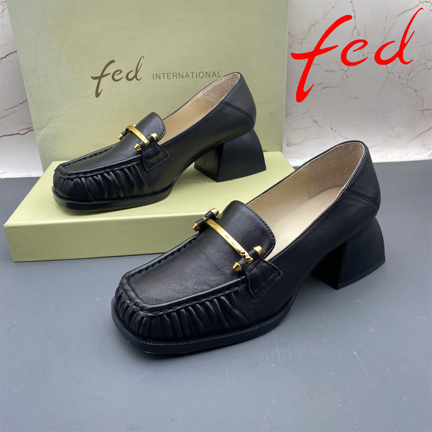 34码正品fed/艾芙伊迪撤柜羊皮处理女鞋中跟粗跟方头中口乐福鞋,女鞋,乐福鞋（豆豆鞋）,淘宝优惠券,粉丝福利购,淘宝优惠卷