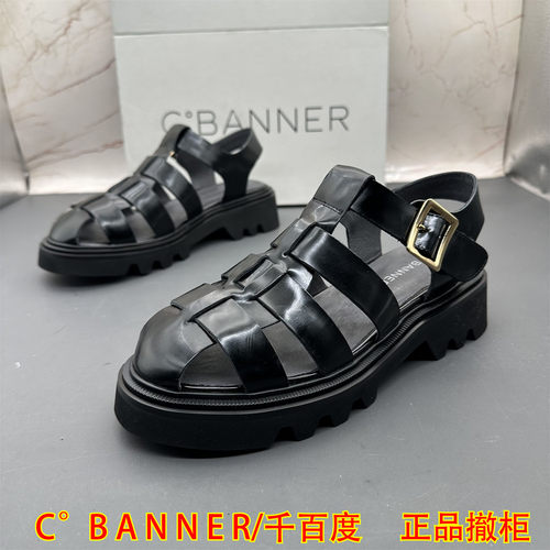 正品C.BANNER千百度撤柜断码牛皮女鞋魔术贴包头平跟防滑后空凉鞋