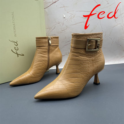 正品fed/艾芙伊迪撤柜断码牛皮加绒棉鞋尖头细跟高跟侧拉链短靴女