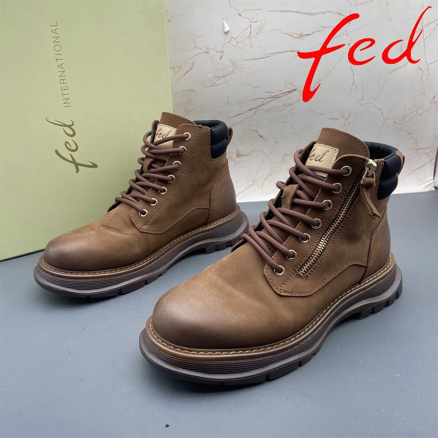 39码fed/艾芙伊迪撤柜断码牛皮男鞋侧拉链系带平底羊毛棉鞋马丁靴