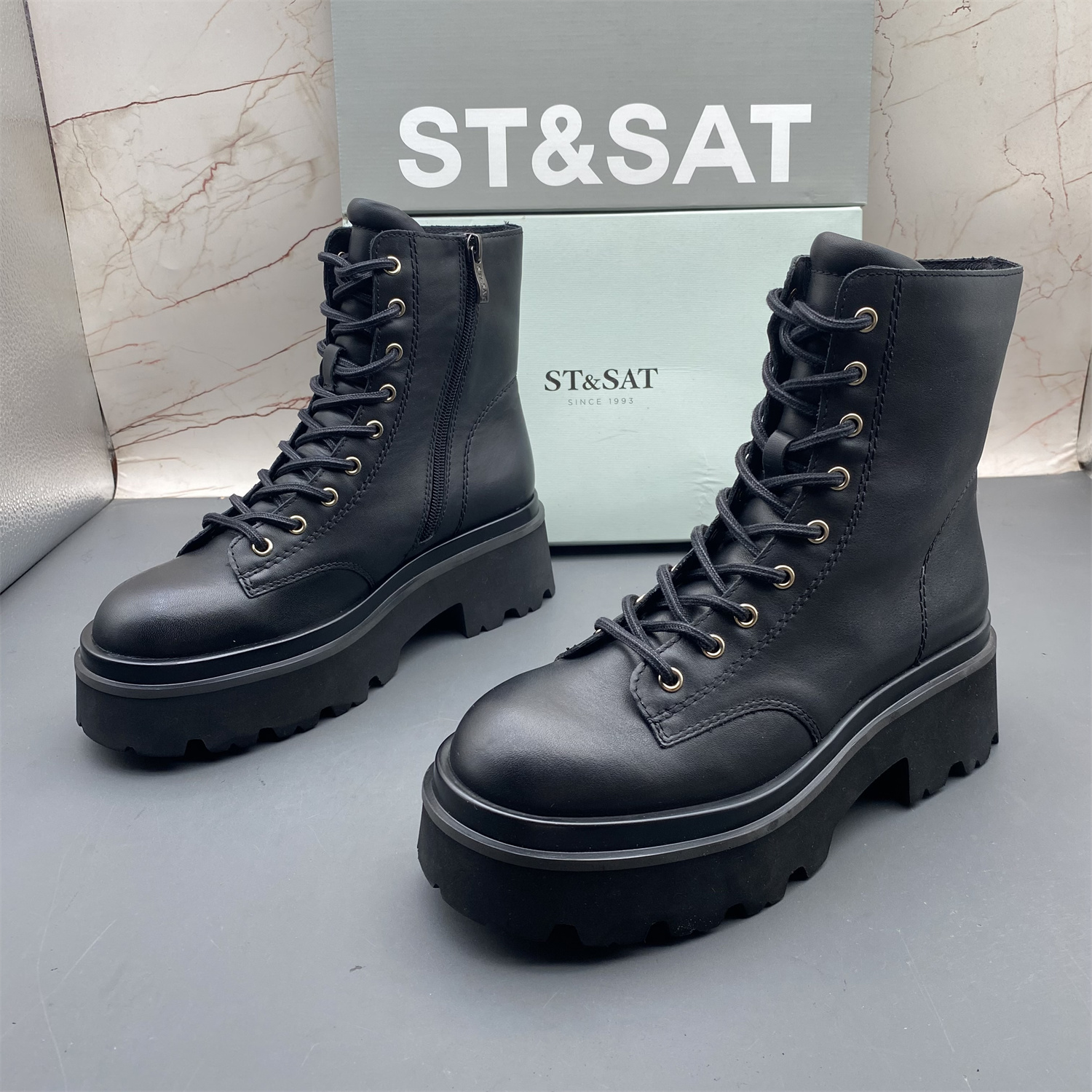 38码ST&SAT星期六撤柜断码牛皮女鞋侧拉链短靴系带圆头加绒棉鞋