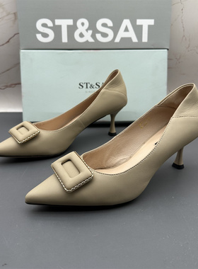 39码ST&SAT星期六撤柜断码羊皮女鞋细跟尖头防滑高跟浅口时尚单鞋