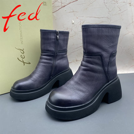 38码fed/艾芙伊迪撤柜断码牛皮女鞋圆头平跟防滑真皮侧拉链短靴