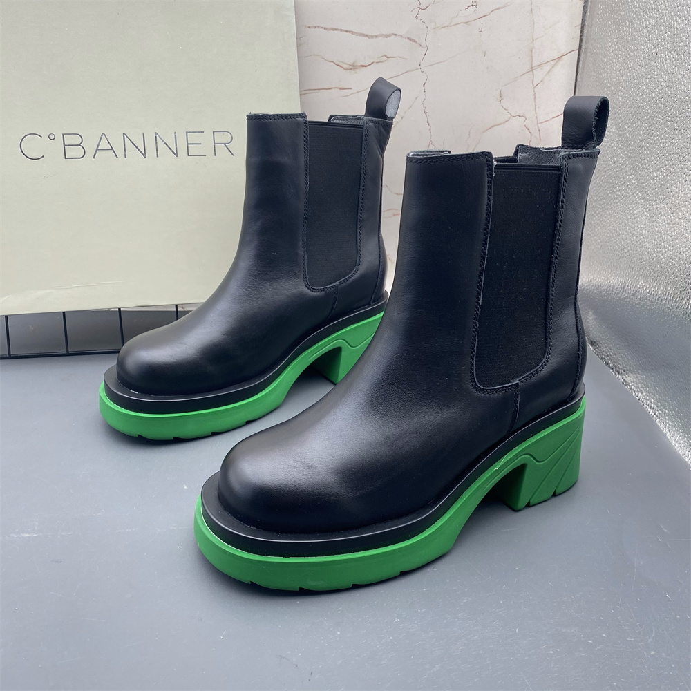 C.BANNER千百度撤柜牛皮女鞋高跟防滑时尚粗跟圆头套筒切尔西短靴