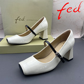 正品 扣带浅口高跟玛丽珍粗跟单鞋 fed 艾芙伊迪撤柜牛皮真皮女鞋