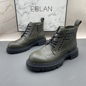 EBLAN 平跟防滑圆头铆钉布洛克雕花短靴 牛皮女鞋 伊伴正品 撤柜断码