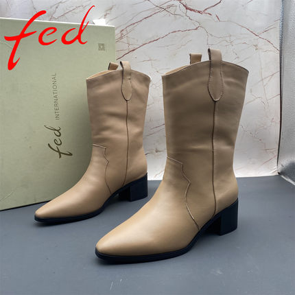 正品fed/艾芙伊迪撤柜断码牛皮女鞋套筒平跟防滑羊毛棉鞋加绒短靴