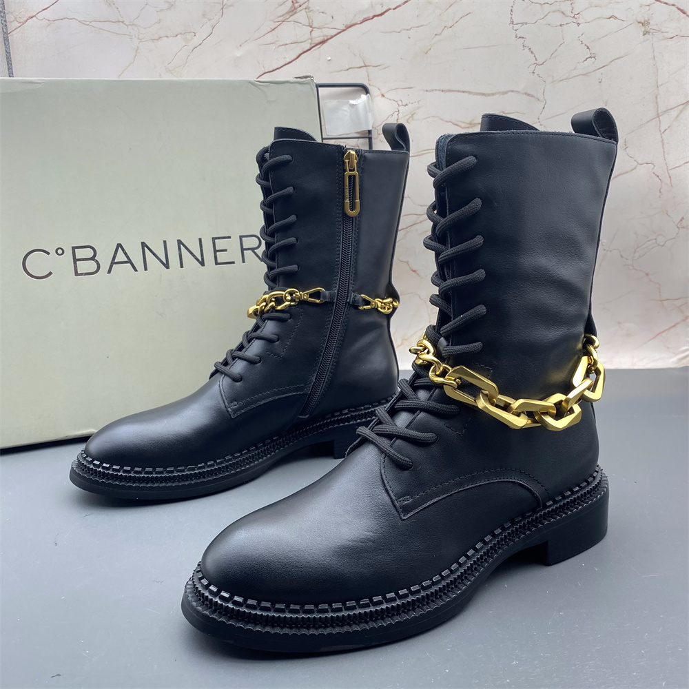 C.BANNER千百度撤柜断码牛皮女鞋平跟防滑圆头侧拉链系带真皮短靴