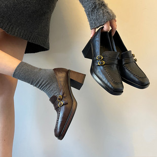 小个子7cm鞋 女静音底通勤风粗跟黑色小皮鞋 高跟方头单鞋 现货