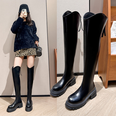 过膝长靴女秋冬皮面胖mm大筒围粗腿显瘦大码长筒靴41一43高筒靴