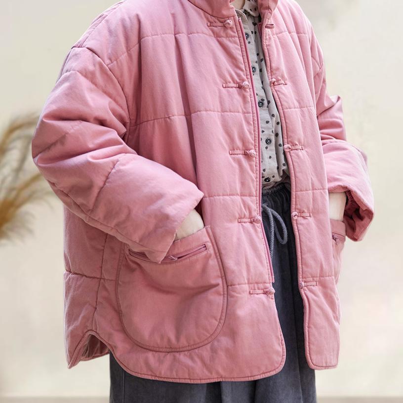 女士夹棉外套秋冬款脂粉纯棉轻中式做旧盘扣立领保暖棉衣