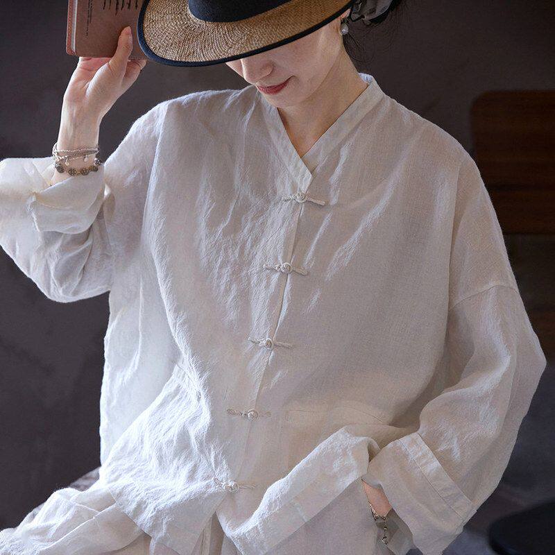 2026年夏季中式衬衫女宽松中长款衬衣复古禅意古代汉服白上衣女夏