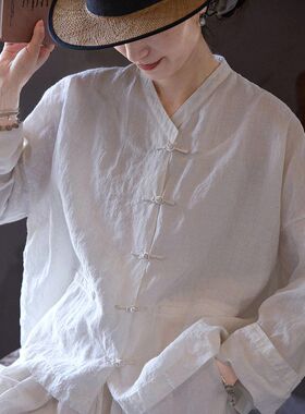 2026年夏季中式衬衫女宽松中长款衬衣复古禅意古代汉服白上衣女夏